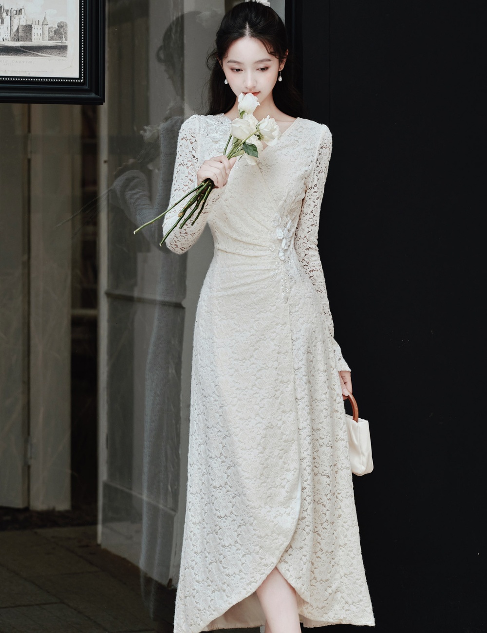 Thick pinched waist fold lace temperament dress for women