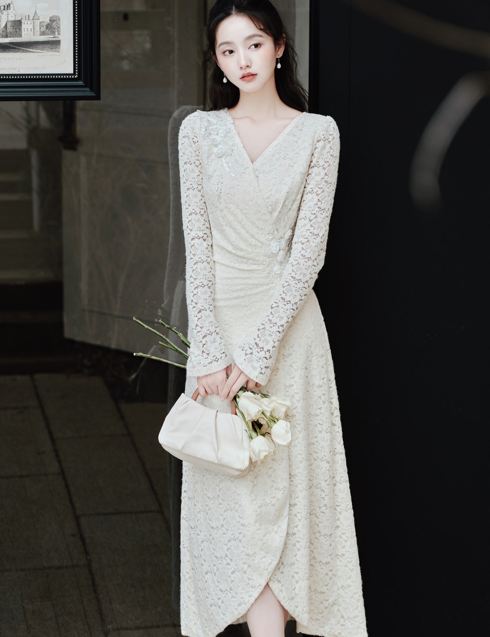 Thick pinched waist fold lace temperament dress for women