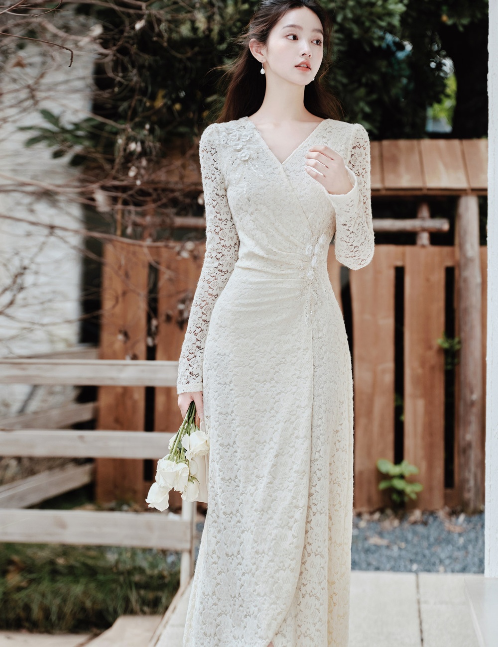 Thick pinched waist fold lace temperament dress for women