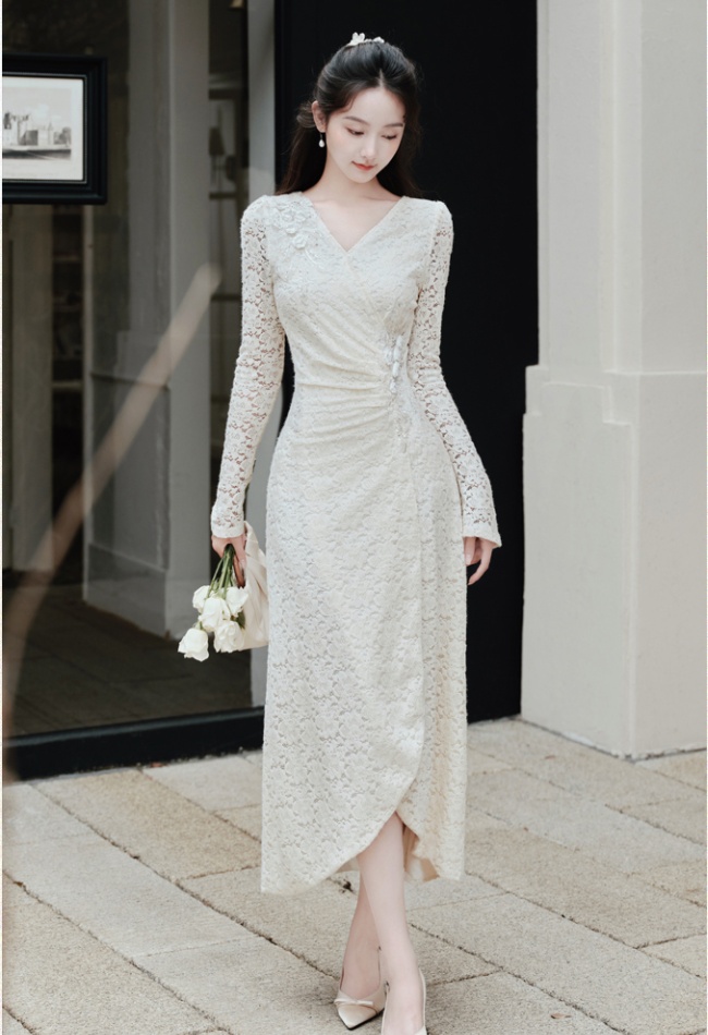 Thick pinched waist fold lace temperament dress for women