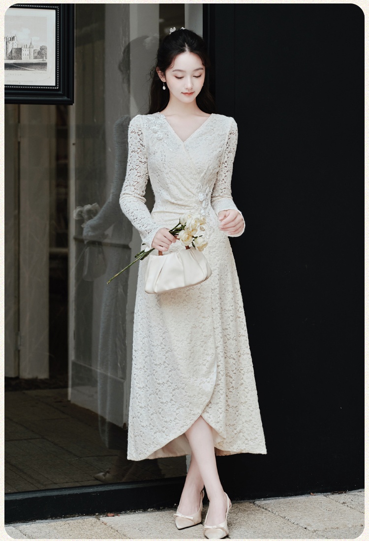 Thick pinched waist fold lace temperament dress for women