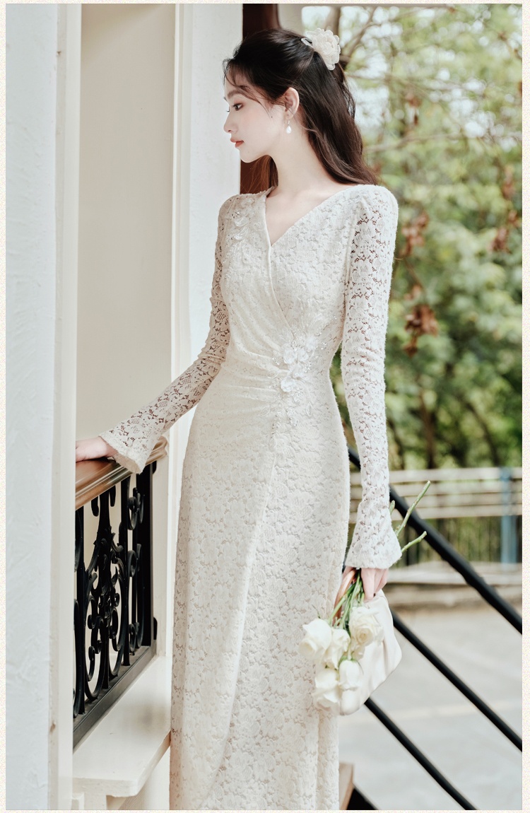 Thick pinched waist fold lace temperament dress for women