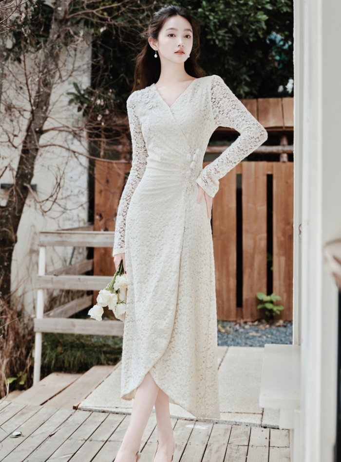 Thick pinched waist fold lace temperament dress for women