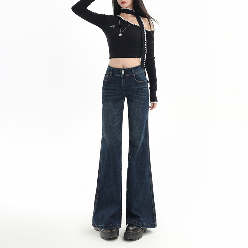 Winter slim long pants navy blue flare pants