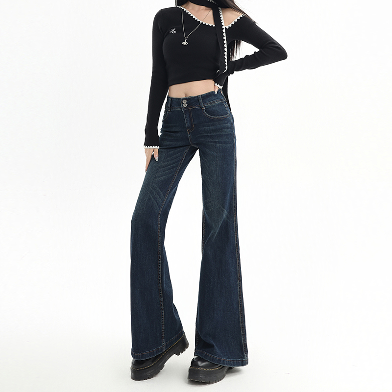 Winter slim long pants navy blue flare pants
