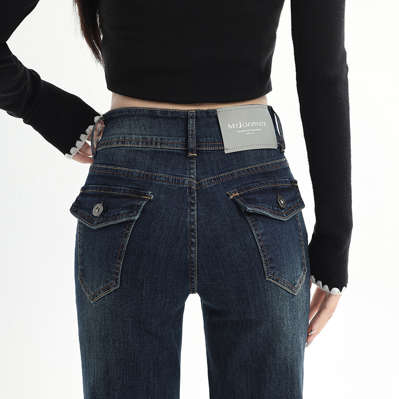 Winter slim long pants navy blue flare pants