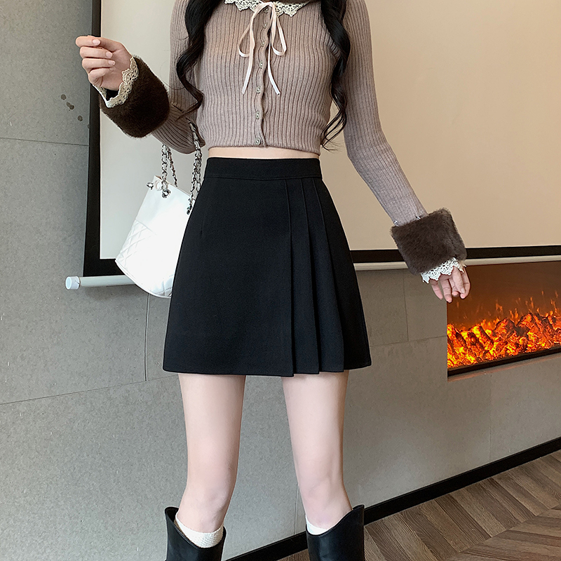 High waist A-line woolen pleated skirt for women