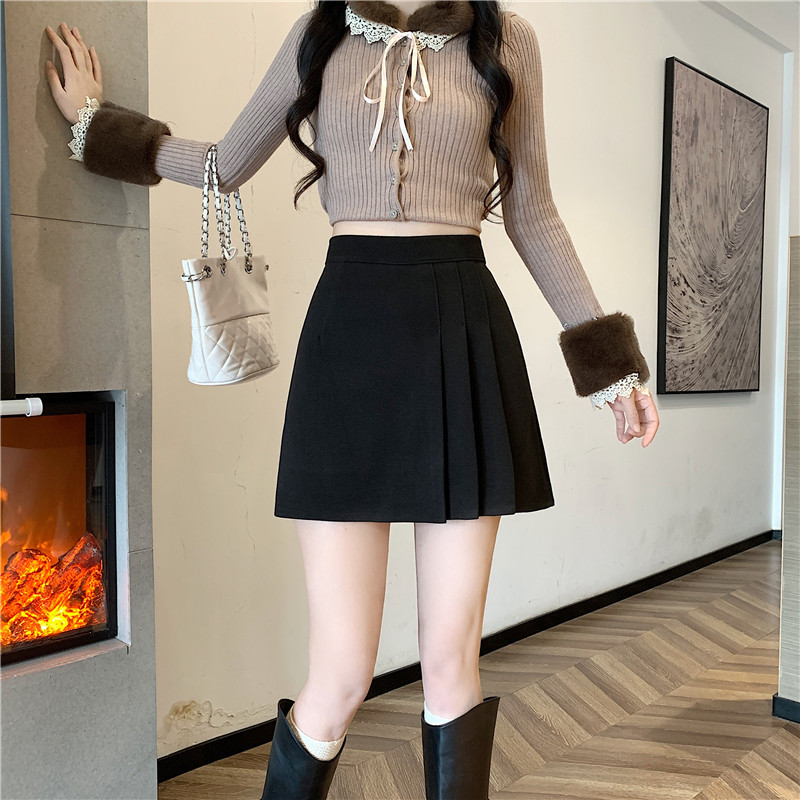 High waist A-line woolen pleated skirt for women