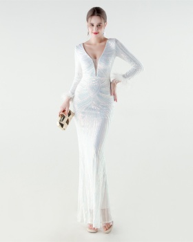 Ostrich hair sequins long sleeve colors evening dress