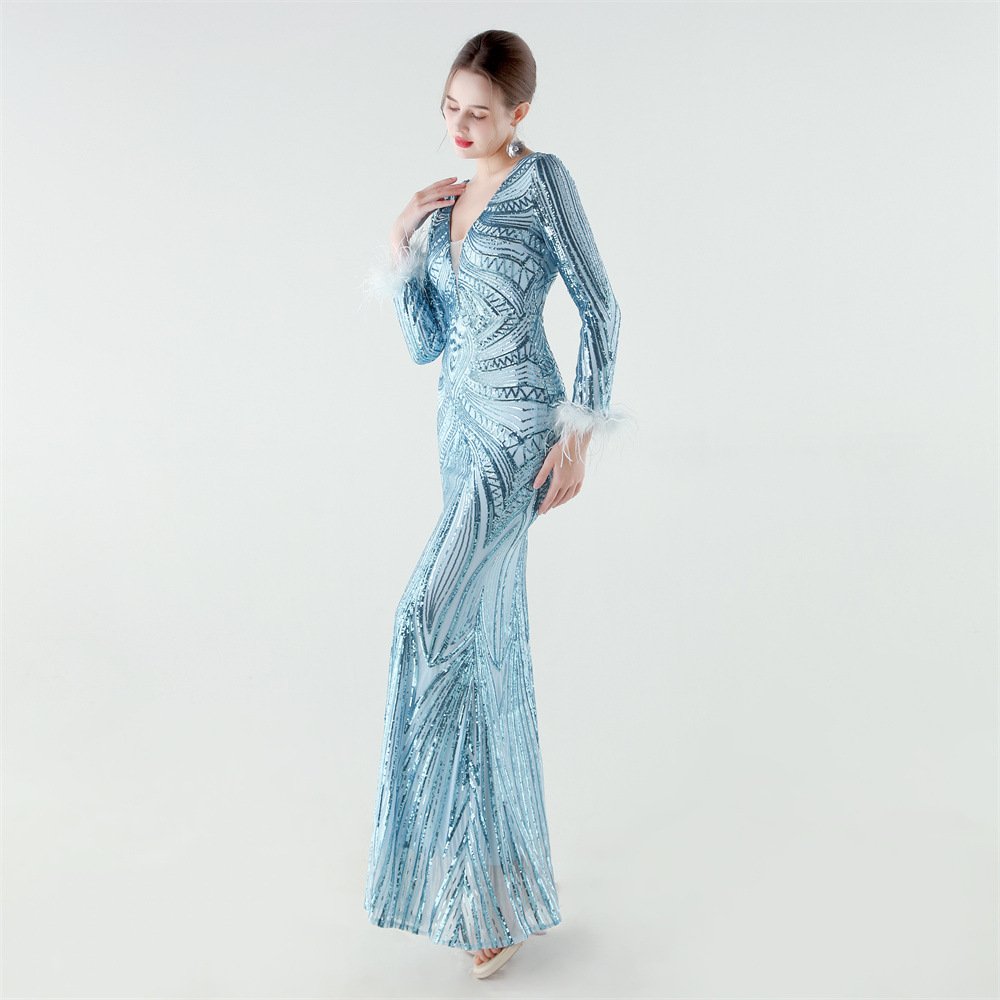 Ostrich hair sequins long sleeve colors evening dress