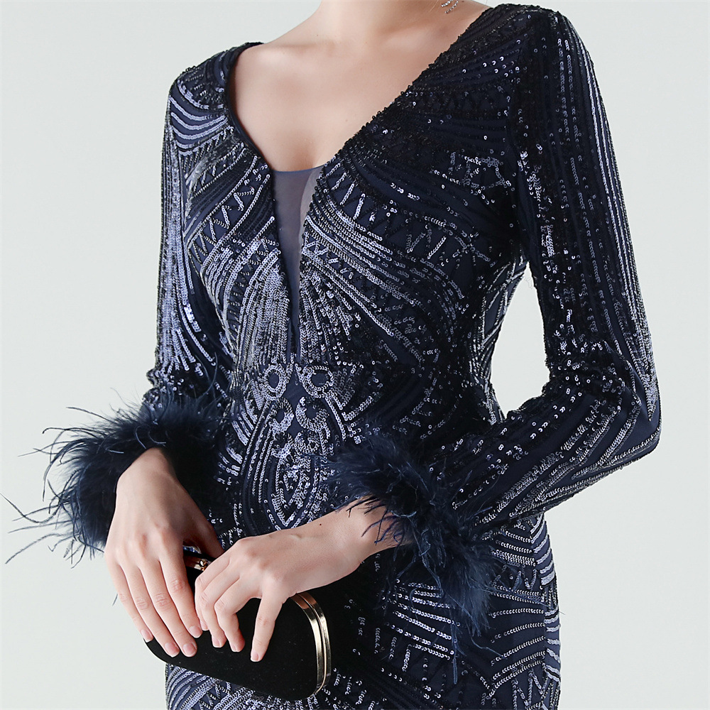 Ostrich hair sequins long sleeve colors evening dress
