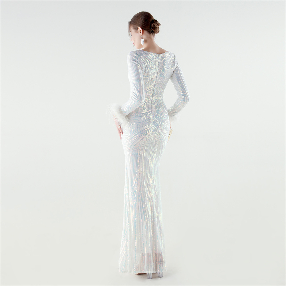 Ostrich hair sequins long sleeve colors evening dress