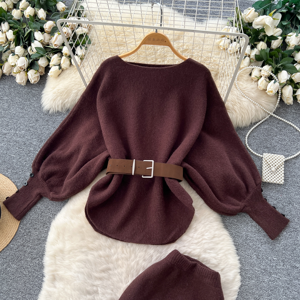 Pinched waist fashion skirt high waist tops 2pcs set