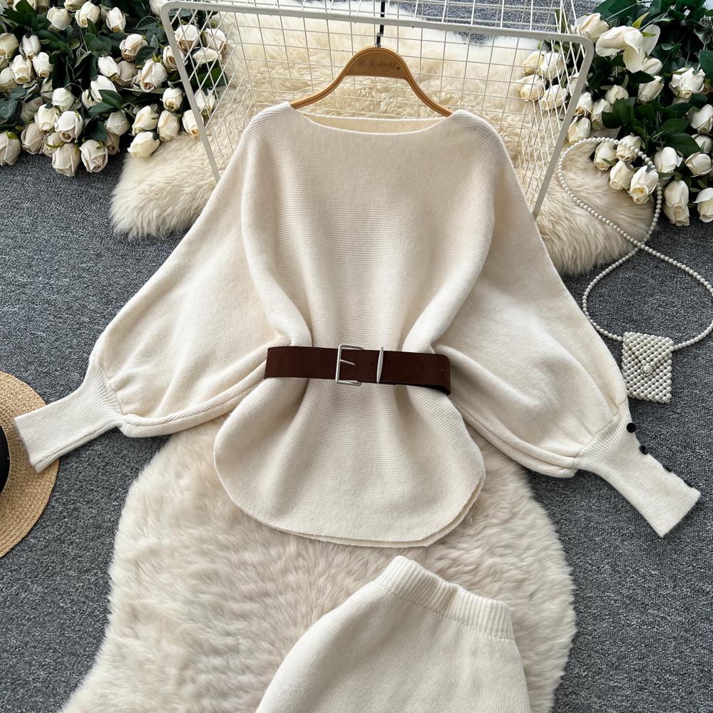 Pinched waist fashion skirt high waist tops 2pcs set