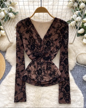 Cross V-neck bottoming shirt retro gauze tops for women