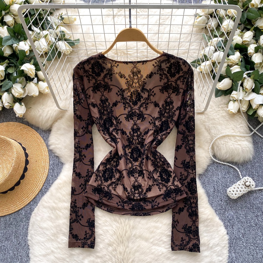 Cross V-neck bottoming shirt retro gauze tops for women