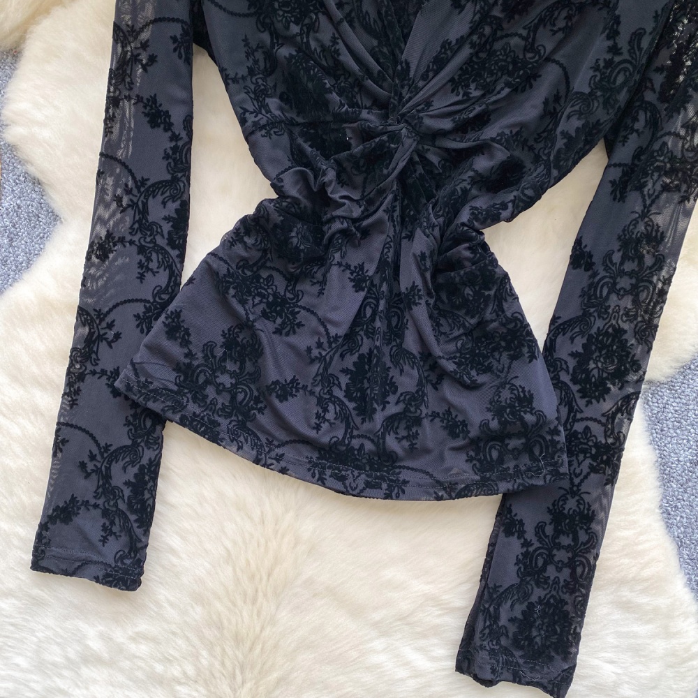 Cross V-neck bottoming shirt retro gauze tops for women