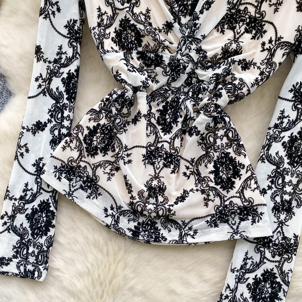 Cross V-neck bottoming shirt retro gauze tops for women