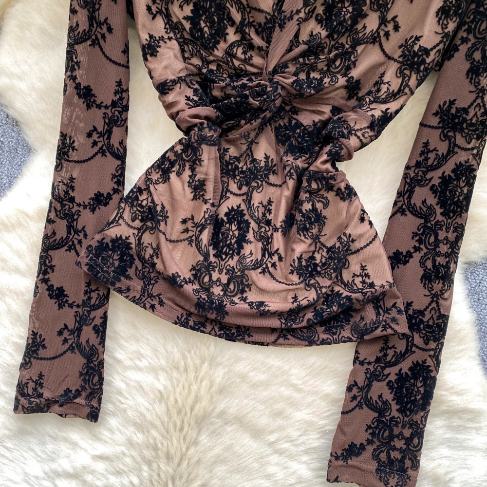 Cross V-neck bottoming shirt retro gauze tops for women