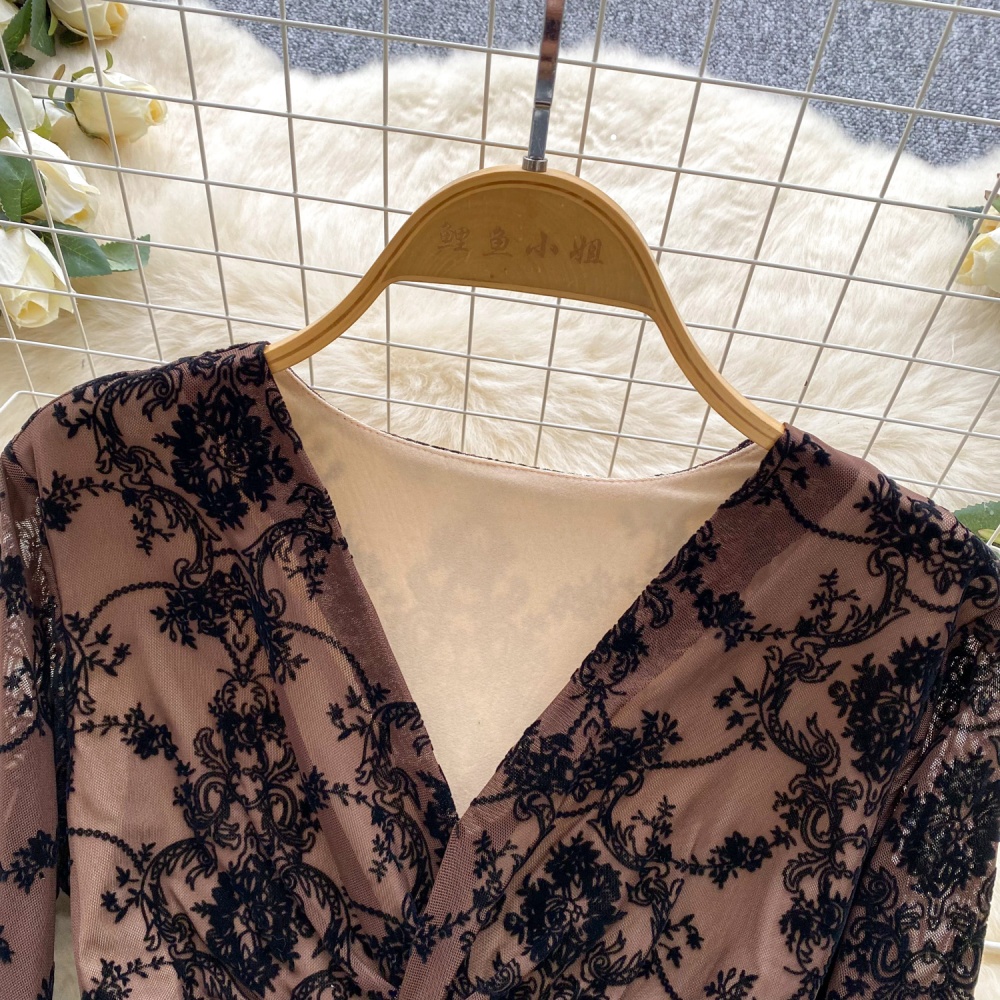 Cross V-neck bottoming shirt retro gauze tops for women