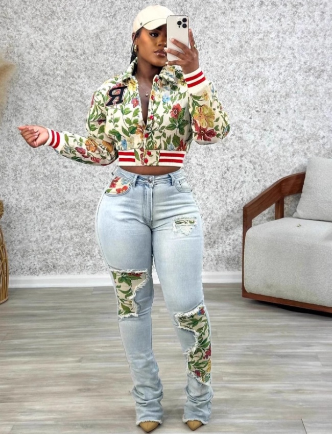 Retro loose coat printing short jacket for women