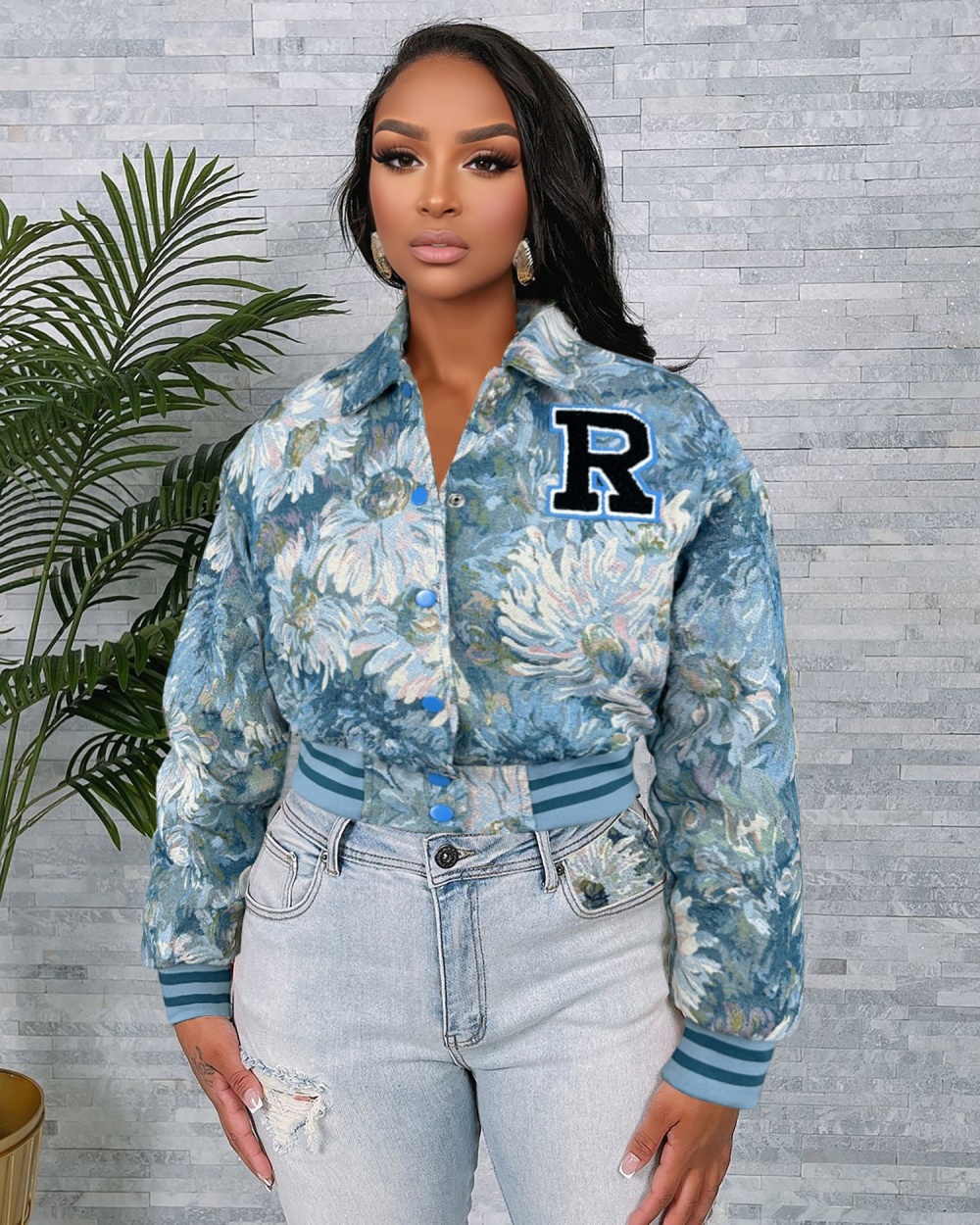 Retro loose coat printing short jacket for women