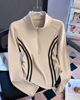 Slim cstand collar tops half zip retro T-shirt for women