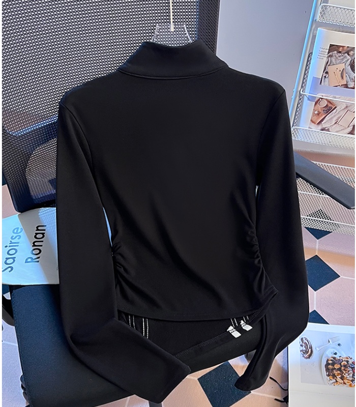 Slim cstand collar tops half zip retro T-shirt for women