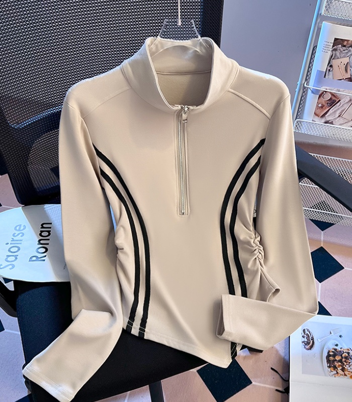 Slim cstand collar tops half zip retro T-shirt for women