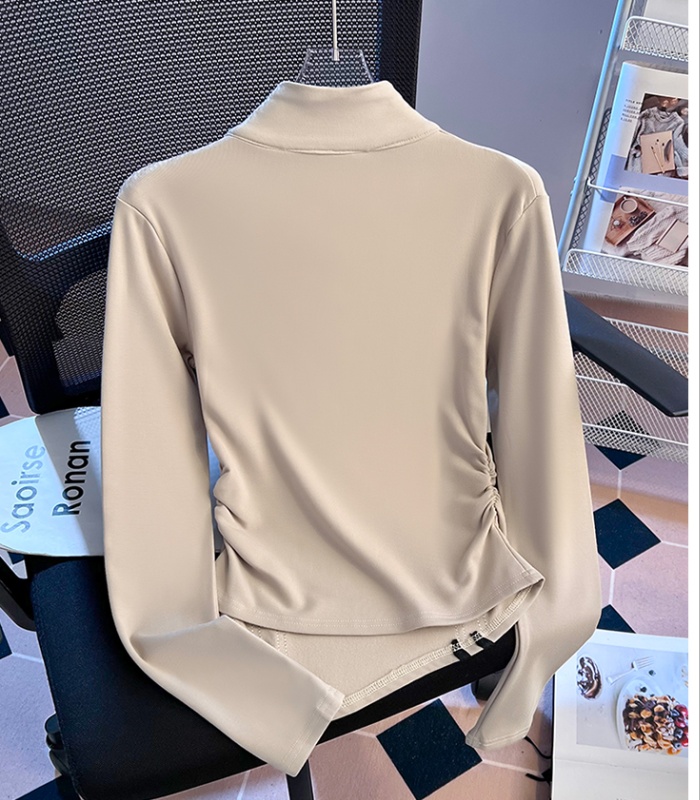 Slim cstand collar tops half zip retro T-shirt for women