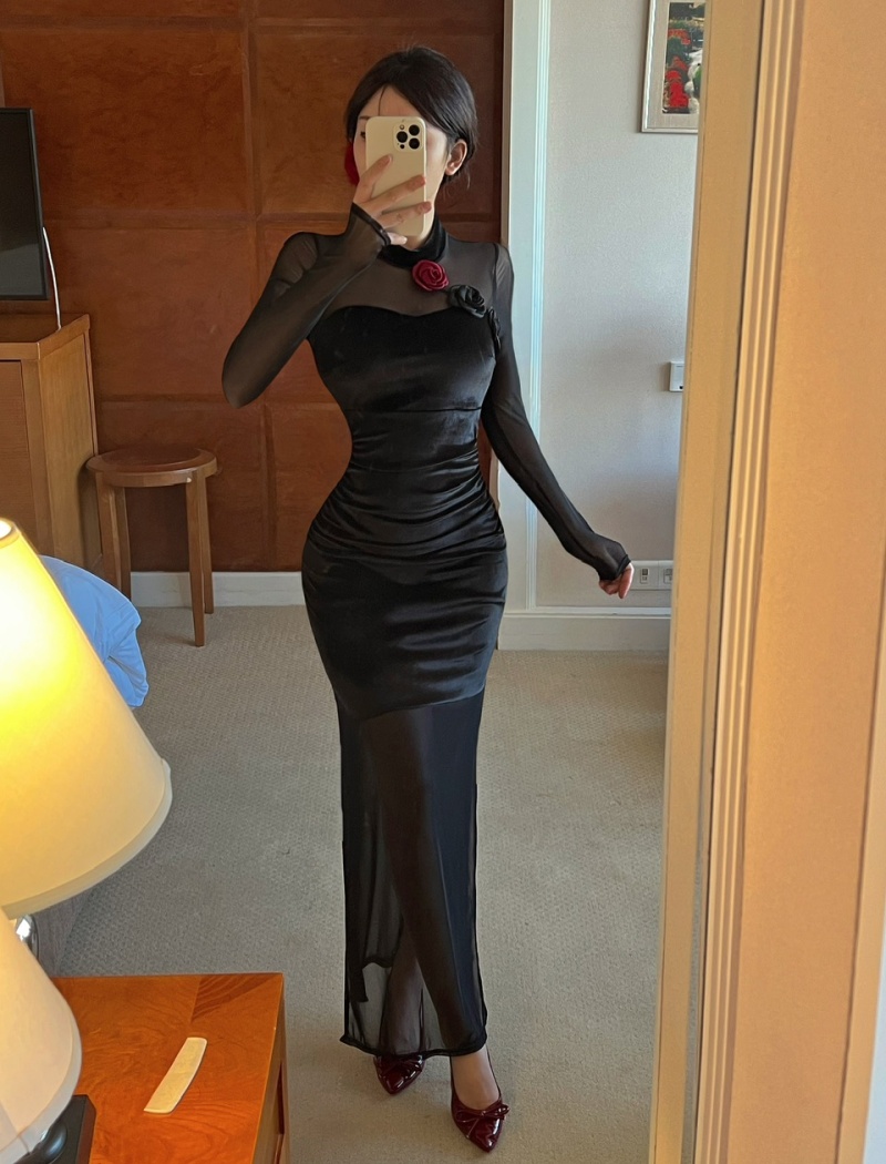 Long sleeve bottoming long splice tight dress