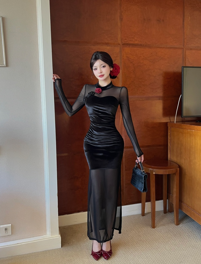 Long sleeve bottoming long splice tight dress