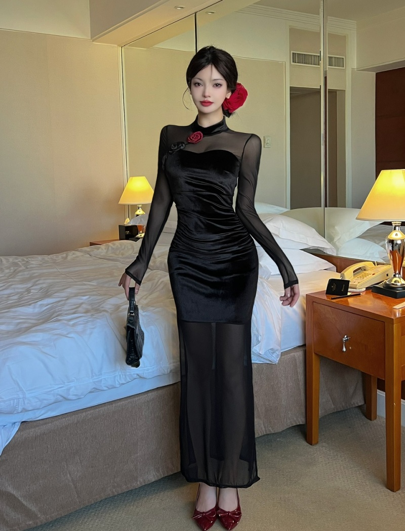 Long sleeve bottoming long splice tight dress