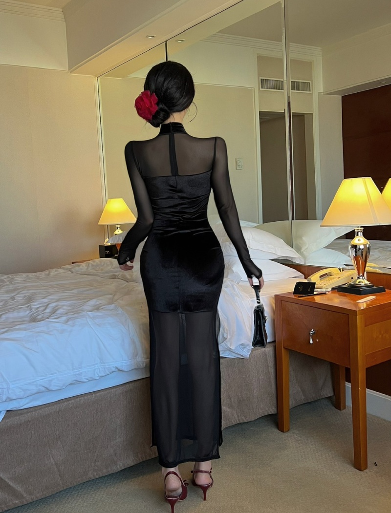 Long sleeve bottoming long splice tight dress