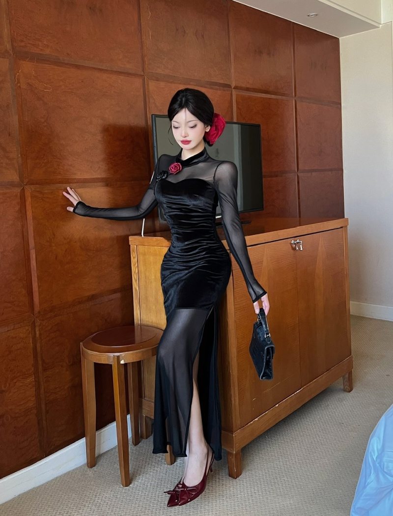 Long sleeve bottoming long splice tight dress