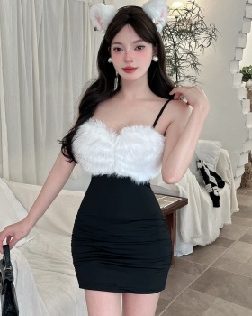 Sling splice low-cut short bottoming dress