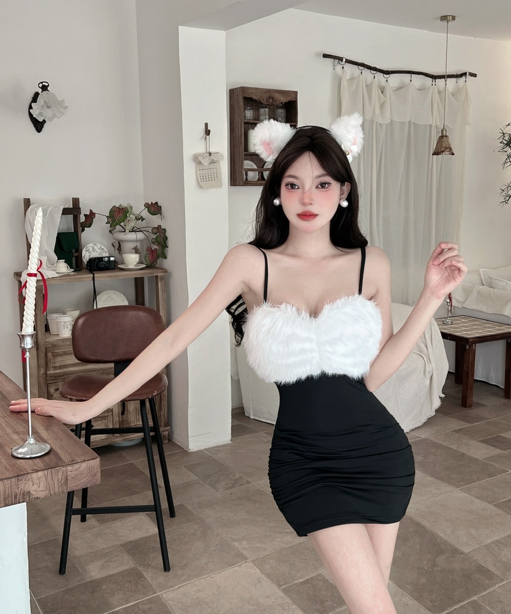 Sling splice low-cut short bottoming dress