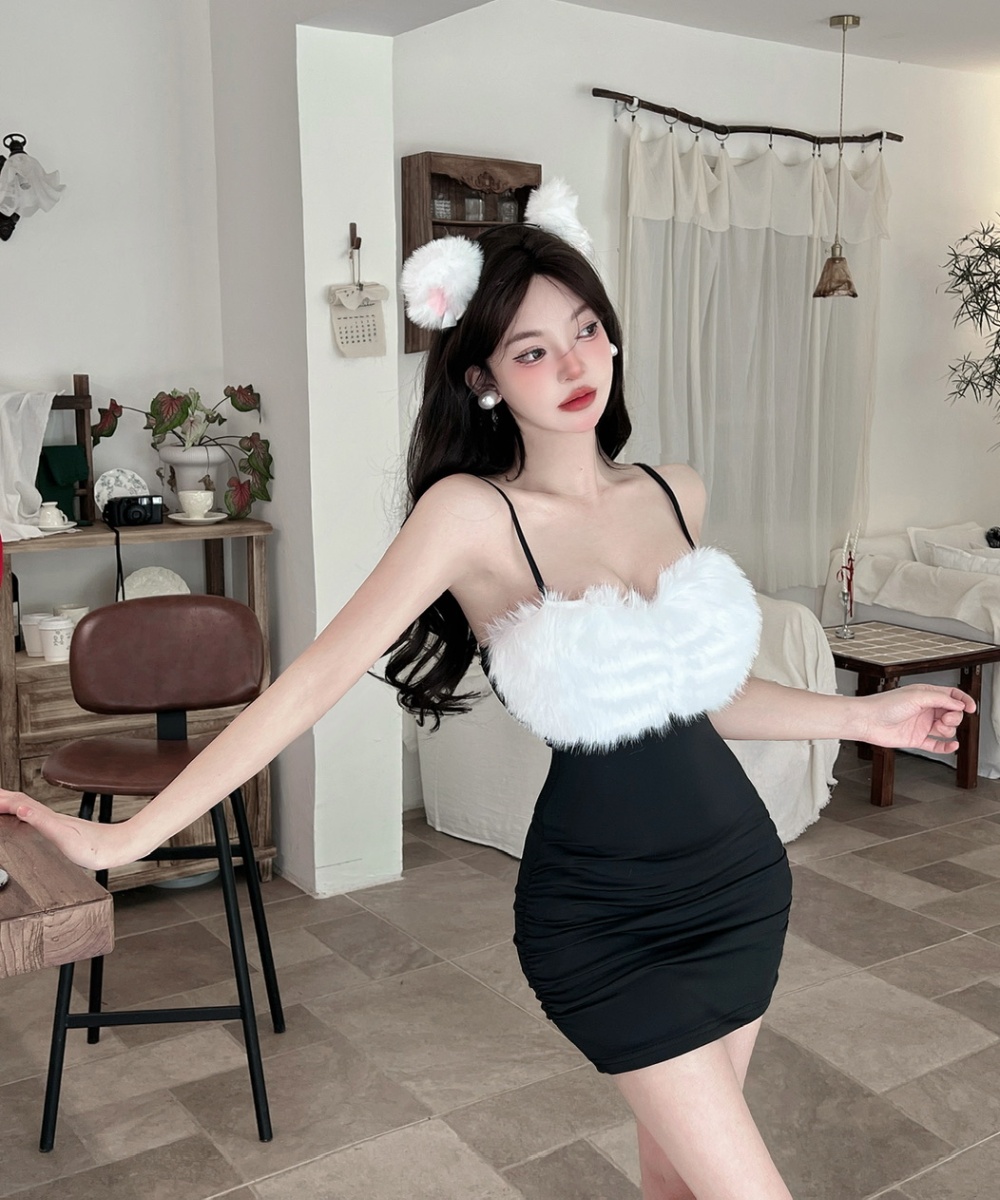 Sling splice low-cut short bottoming dress