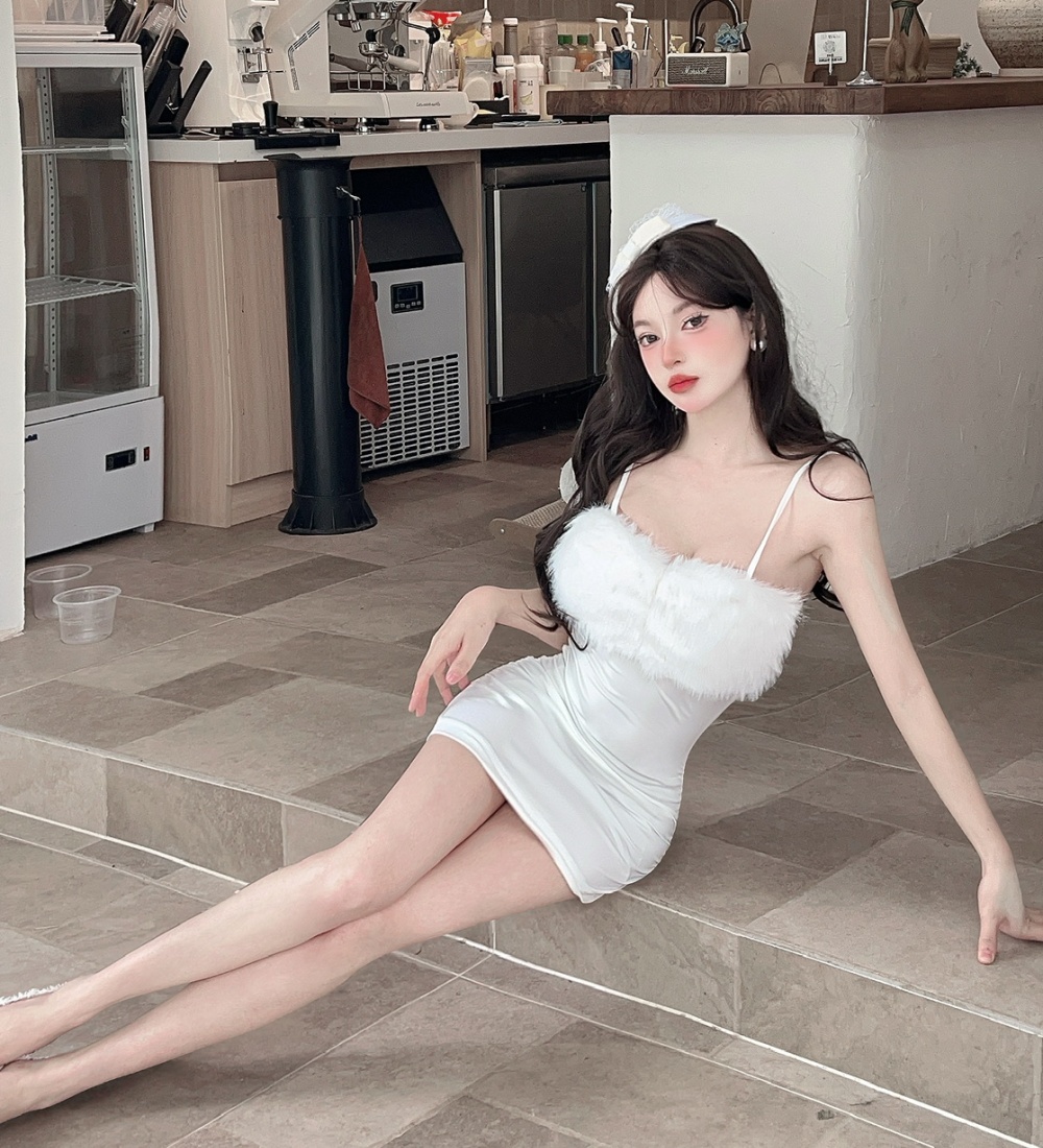 Sling splice low-cut short bottoming dress