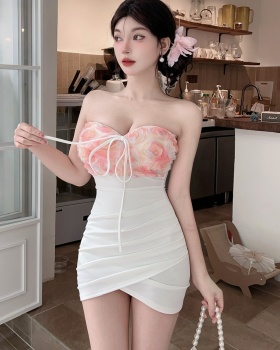 Halter tight flowers splice low-cut mixed colors dress