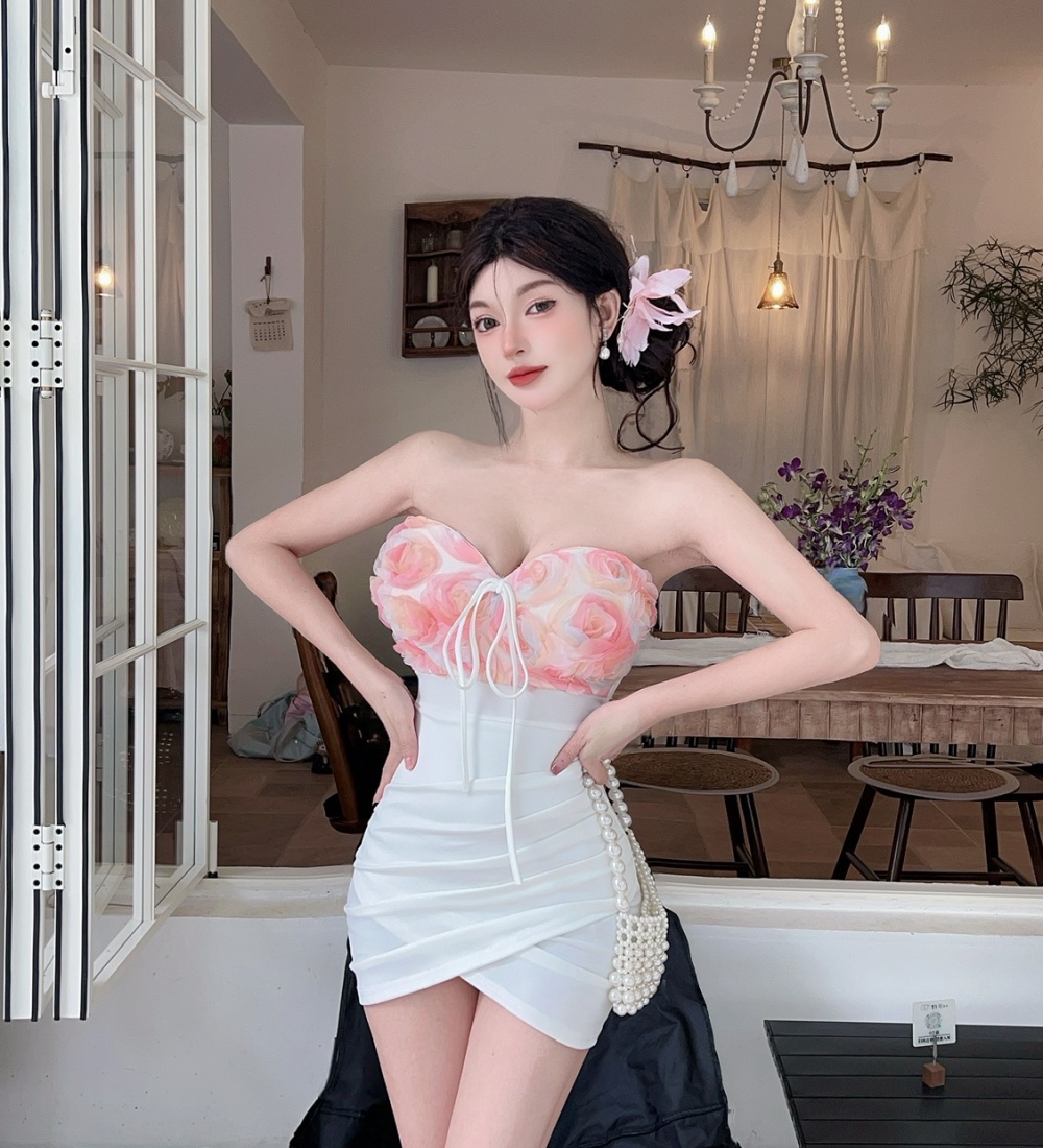 Halter tight flowers splice low-cut mixed colors dress