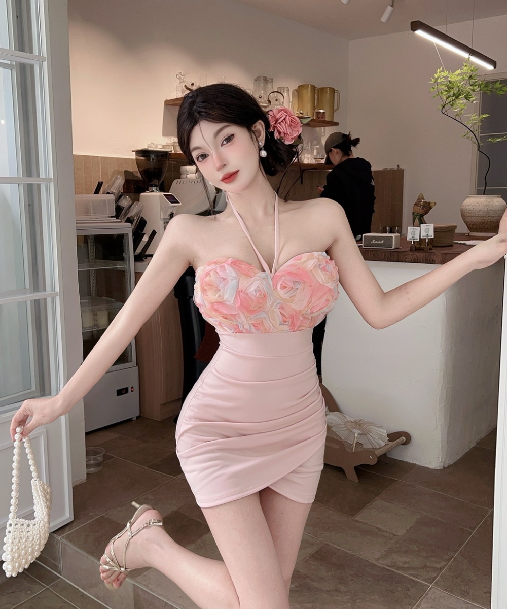 Halter tight flowers splice low-cut mixed colors dress