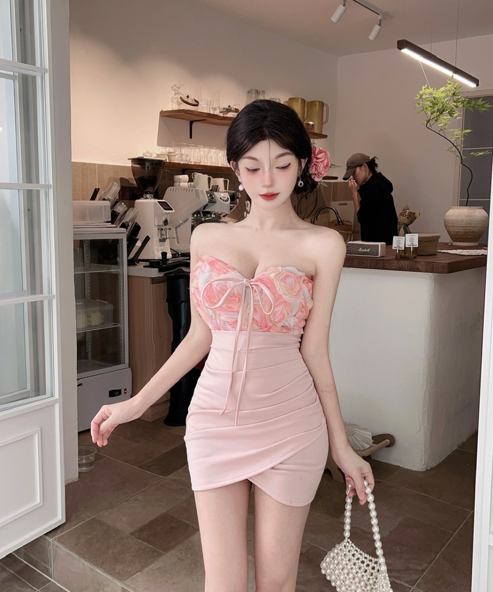 Halter tight flowers splice low-cut mixed colors dress