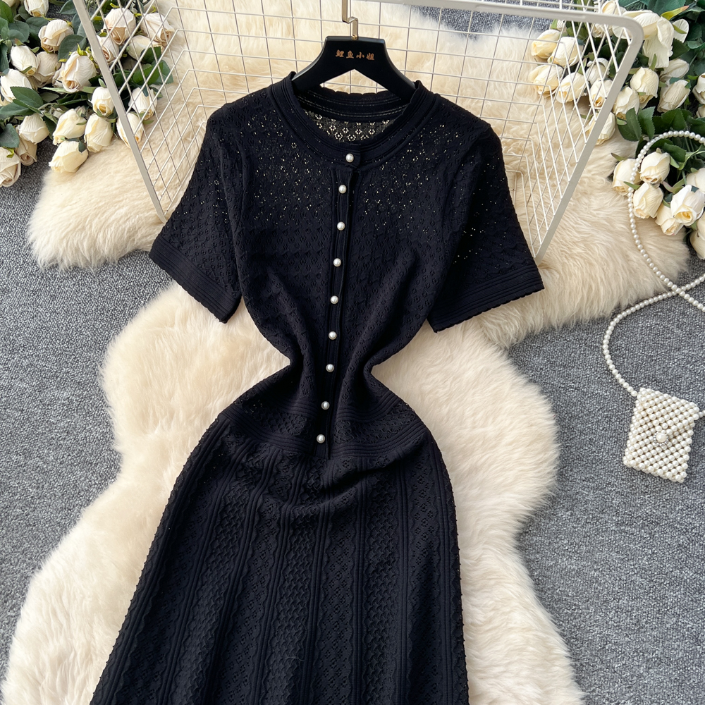 Ladies France style knitted dress spring pinched waist long dress