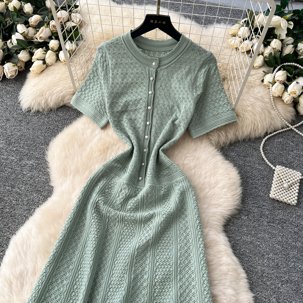 Ladies France style knitted dress spring pinched waist long dress