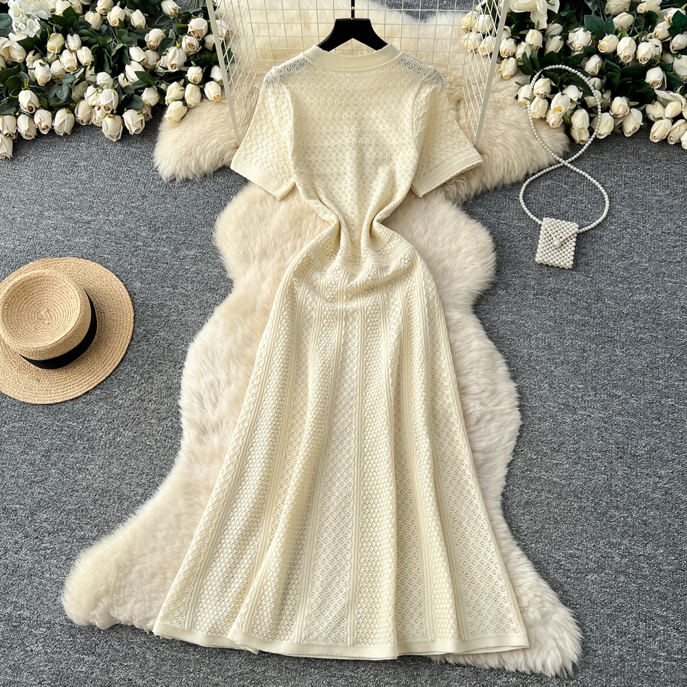 Ladies France style knitted dress spring pinched waist long dress