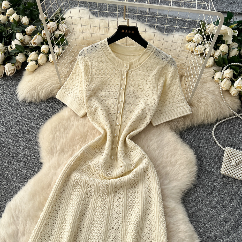 Ladies France style knitted dress spring pinched waist long dress