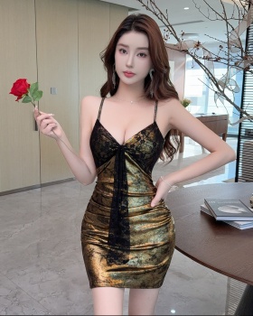 Metal package hip sling mixed colors low-cut dress