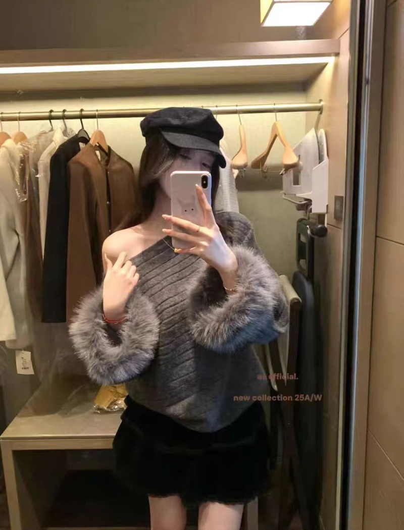 Sloping shoulder sweater elmo sleeve tops for women