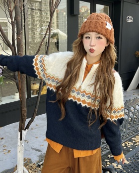 Jacquard knitted mixed colors pullover zip sweater